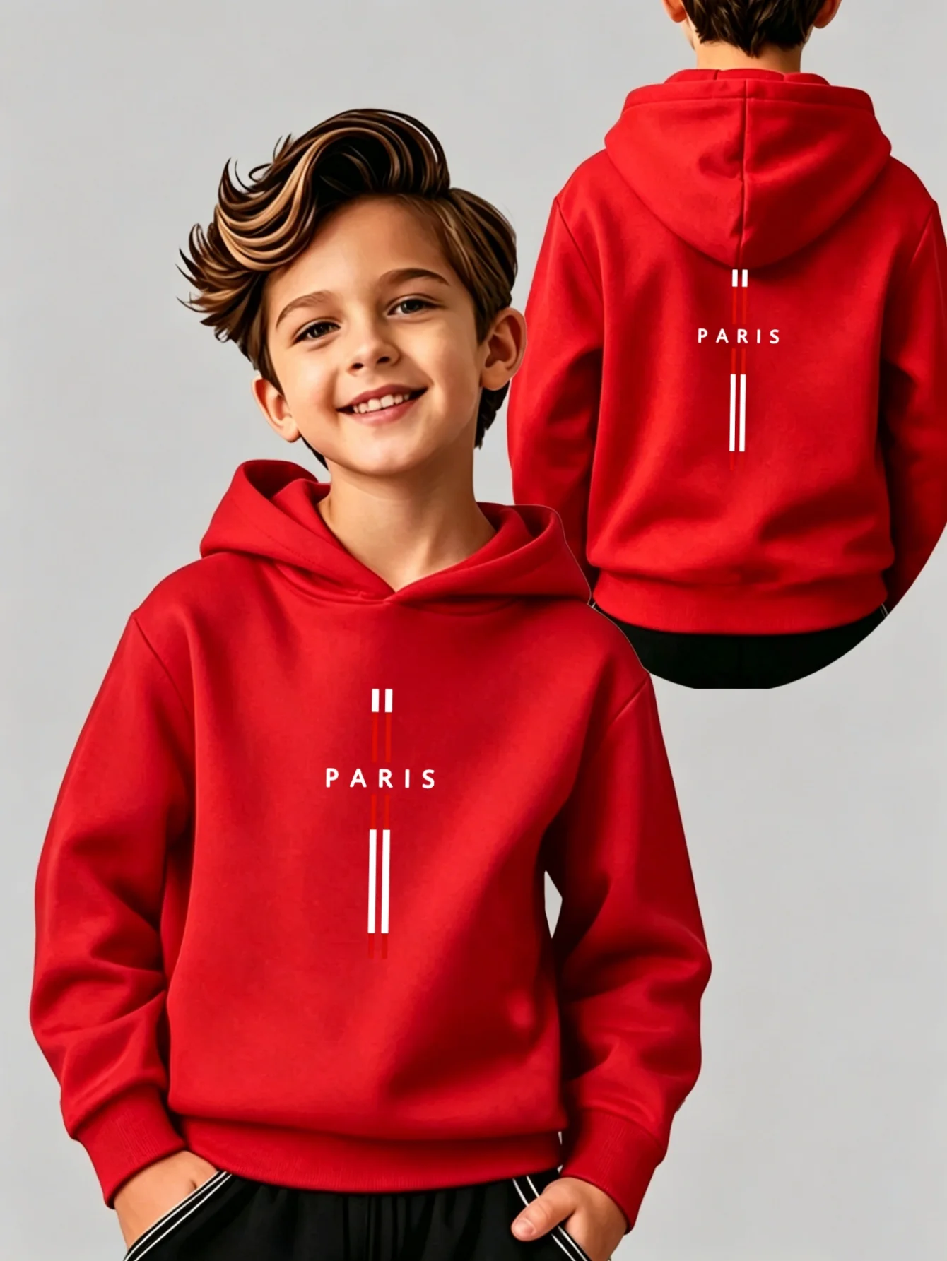 Boys' Hoodie, Kids' Hoodie with Paris Letter Prints on Both Front and Back, Versatile Casual Long Hoodies