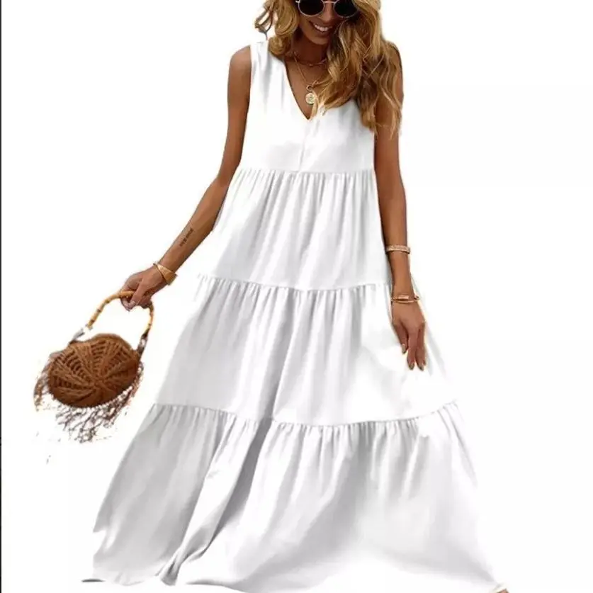 

Весенне-летнее новое однотонное платье без рукавов с v-образным вырезом и большим маятником, длинная юбка