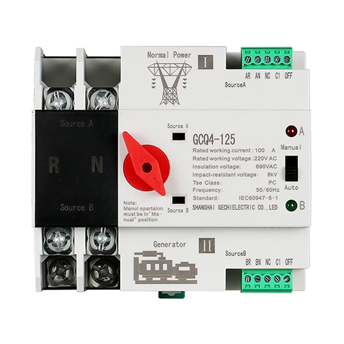 A77I Single Phase Din Rail ATS 220V PC Dual Power Automatic Transfer Switch 2P Household Power Transfer Switch 50/60Hz