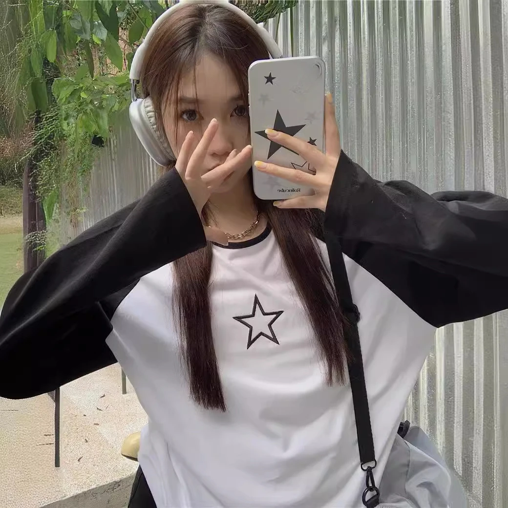 Spring Autumn Black White Patchwork Tees Women Harajuku Long Sleeve O-Neck T-Shirts Casual Oversized T Shirt Y2k Tops Streetwear