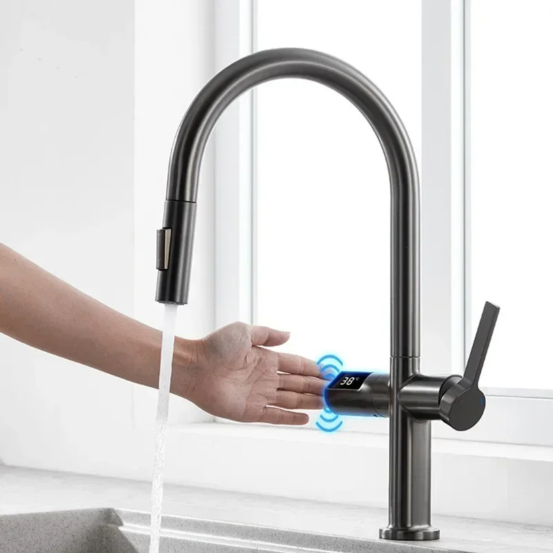 DurableGun Gray Digital Display Intelligent Pull-out Kitchen Faucet Splash-proof Multifunctional Cold And Hot Dual Use Kitchen F