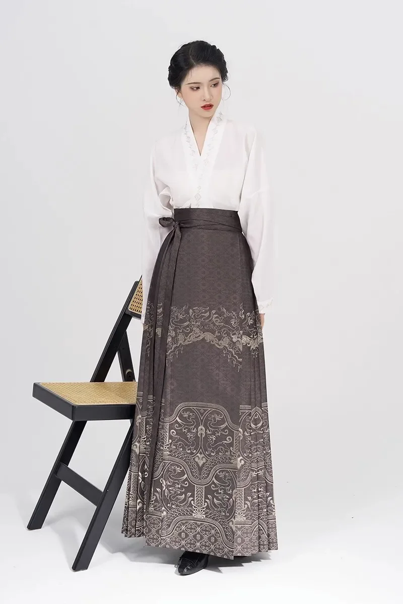 

Ming Dynasty Hanfu Women Improved Horse Face Skirt Chinese Traditional Ancient Dress Cross Collar Shirt Mamianqun Two Piece Set