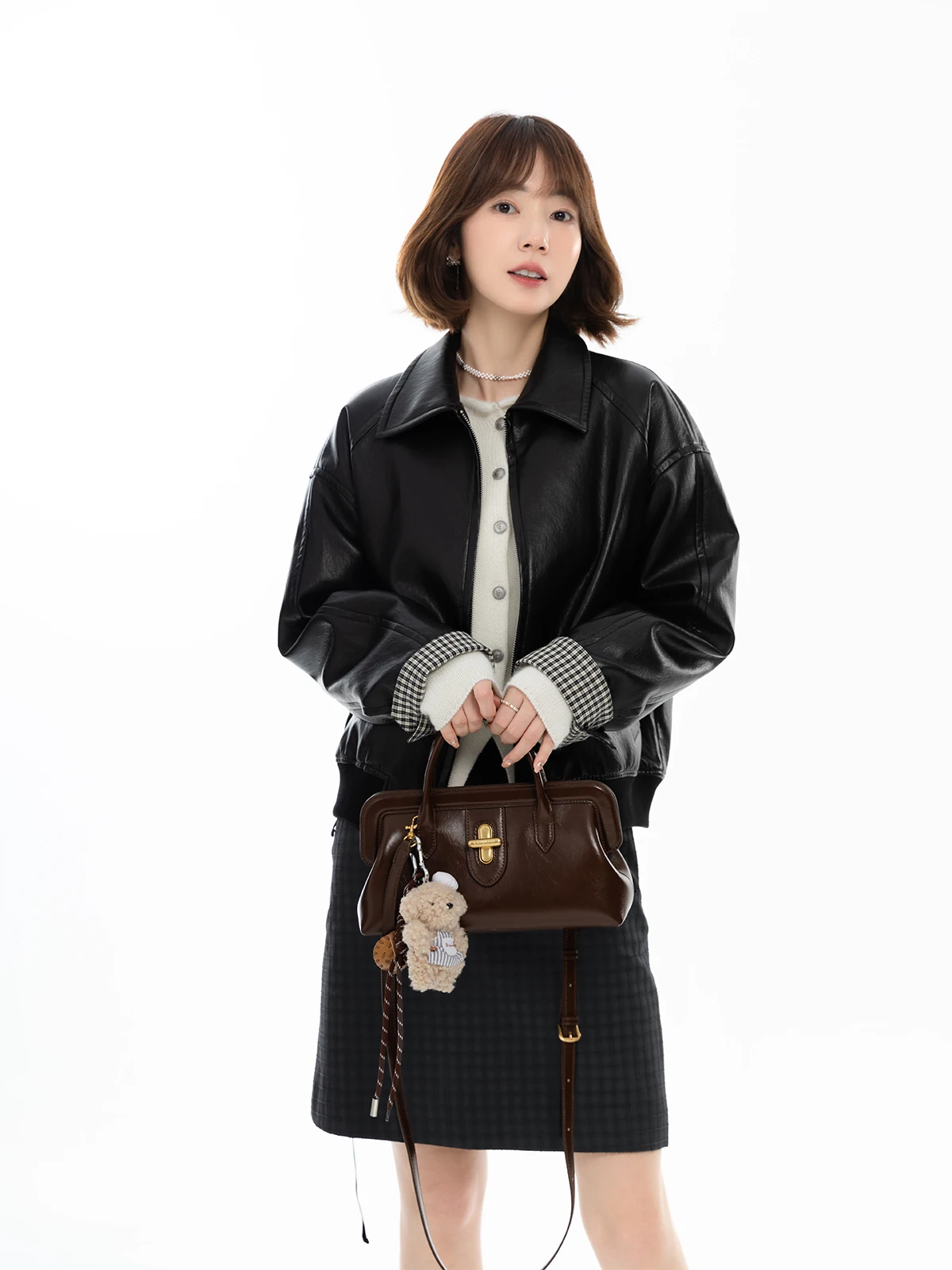 

Ferrara Women's Casual PU Leather Jaet Bla Early Autumn Versatile Color Blo Sle Commute Wind with ket Long Sve