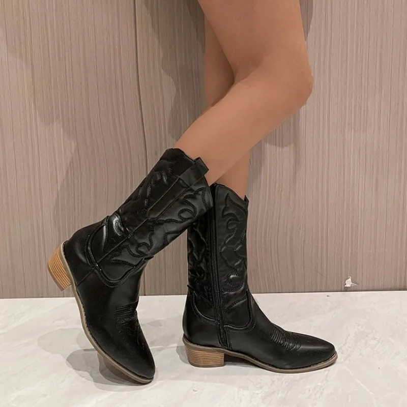 Botas vaqueras occidentales para mujer, zapatos metálicos brillantes bordados hasta la rodilla, Stiletto de punta estrecha, color rosa, envío directo