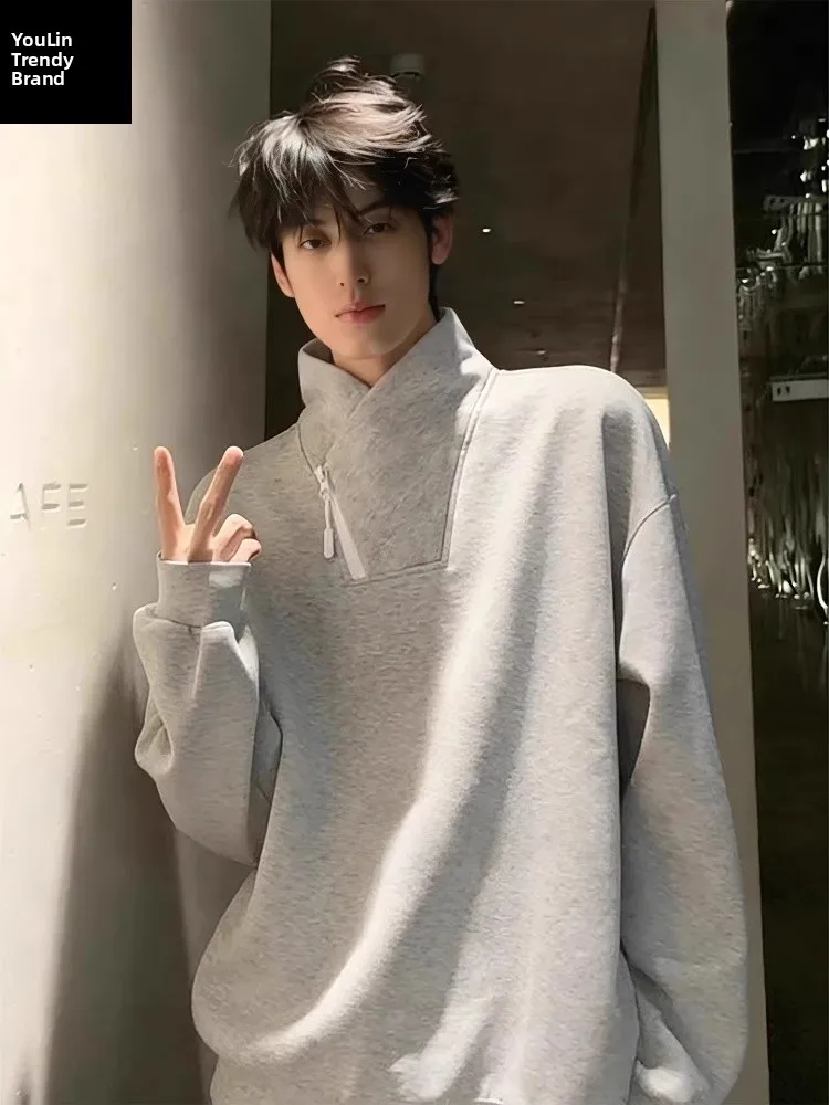 

Gray Hoodie Men's Winter Thickened Fleece Zipper High Collar Long Sleeve American Style Inner Shirt Casual Streetwear