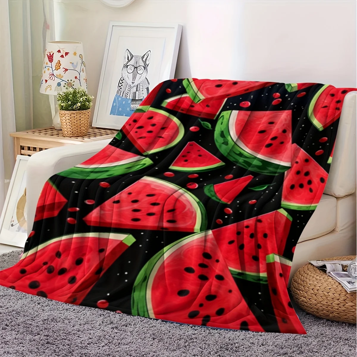 Soft Flannel Blanket Vivid Watermelon Slices Summer Sweet Fruit Creative Illustration Lightweight Throw Blanket for Couch Bed