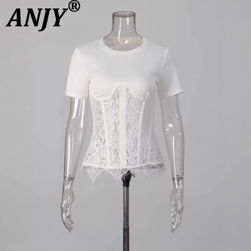 

ANJY Новая женская футболка весна-лето, модная, элегантная, однотонная, с круглым вырезом, коротким рукавом, с кружевными вставками и вырезами, A19577