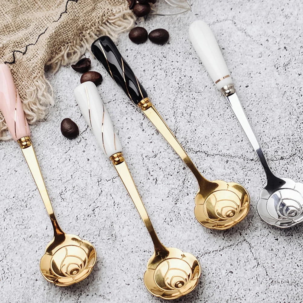 

4Pcs Flower-Shaped Ceramic Handle Spoon Premium Stainless Steel Coffee Dessert Scoop for Ice Cream Tea Sugar Multipurpose
