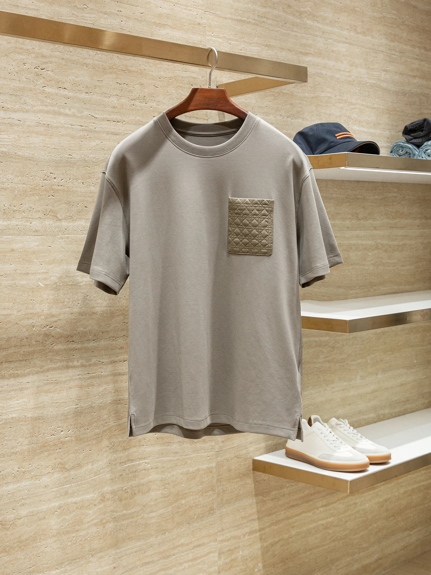 BU Italian casual skin-friendly breathable organic cotton summer round neck loose pocket short-sleeved T-shirt