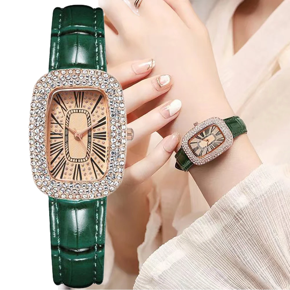 Women's Fashion Full drill Gypsophila Quartz Watches Pigeon Egg design Ladies Watch Luxury Bamboo Stripe Leather Strap Clock