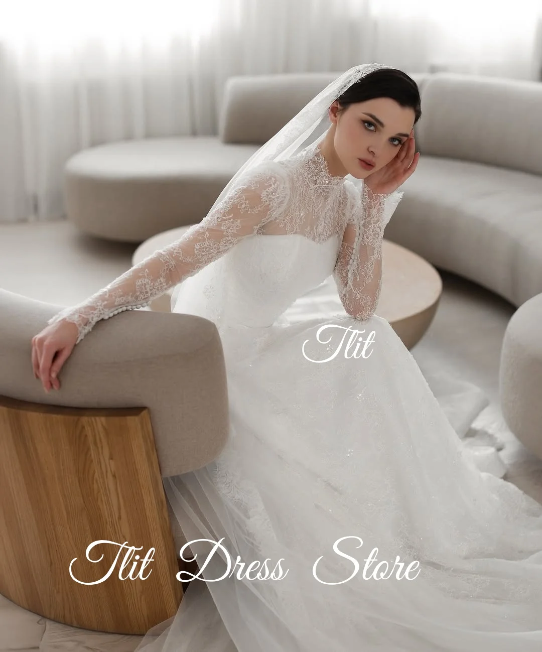 TLIT Luxurious White Lace A-Line Wedding Dresses Customized O-Neck  فساتين زفاف Long Lace Sleeves Bridal Gowns