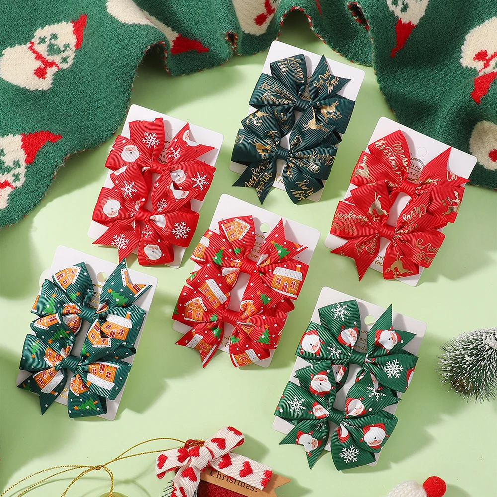 2 Stücke Baby Bögen Weihnachten Bogen Haarspangen für Mädchen Weihnachtsmann Druck Band Haarnadeln Kinder Boutique Party Jubeln Kopfbedeckung