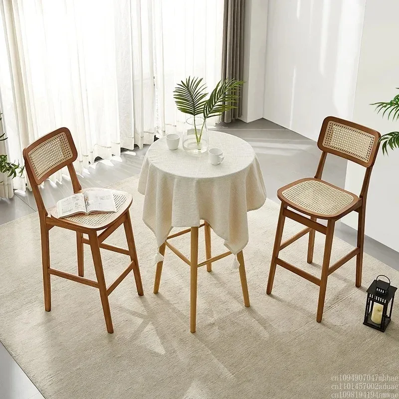 Silla de Bar con respaldo japonés, taburete alto de madera maciza para sala de estar, comedor Simple para casa, cocina, ratán