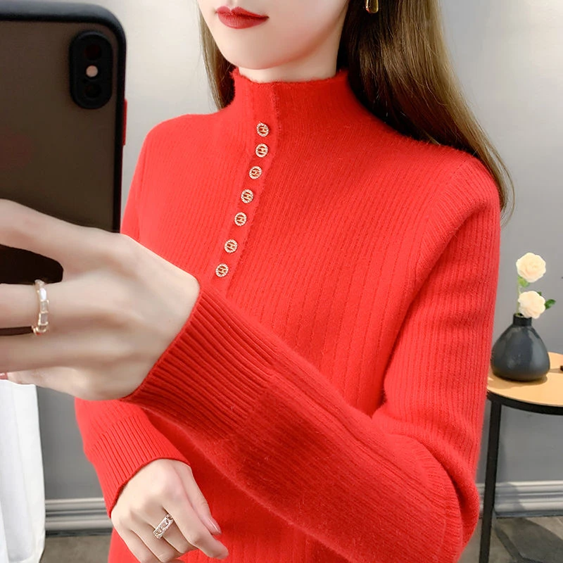 Thick Fleece Women's Top Half High Neck Slim Autumn Winter Warm Bottoming Shirt Button Solid All-mutch Casual Knitted Sweatwer