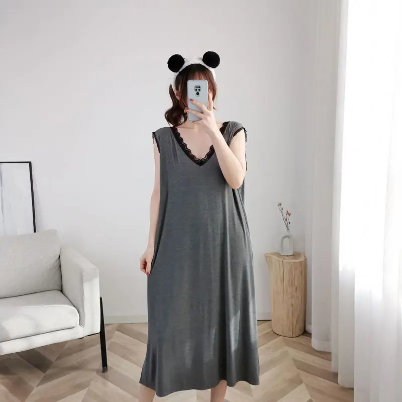 Plus Size 5XL 150kg Summer Long Nightdress V Neck Sleepwear Home Nightshirt Women Causal Sleeveless Sleepwear Loose Ladies Dress