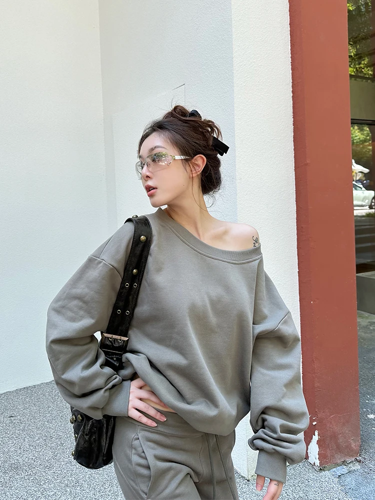 

Американский свитшот American Sle Spicy Girl с открытыми плечами, женский, свободный, повседневный топ, уличная одежда, весна 2026, спортивный, свободного кроя, женский