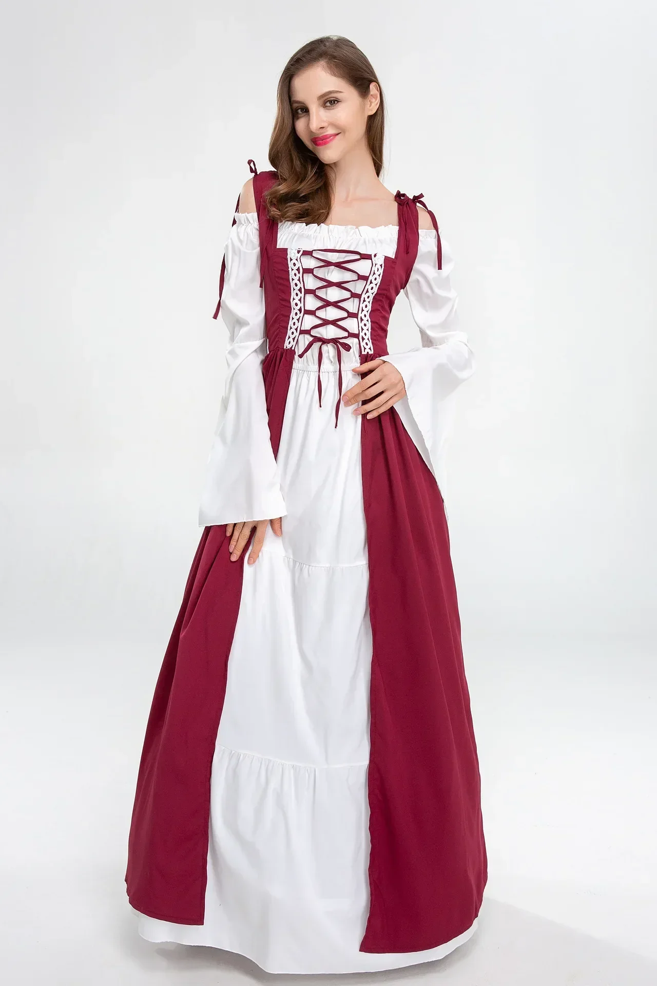 Women's European Medieval Retro Court Princess Cosplay Costume Long Dress Elegant Witch Square Collar Masquerade Halloween Wear