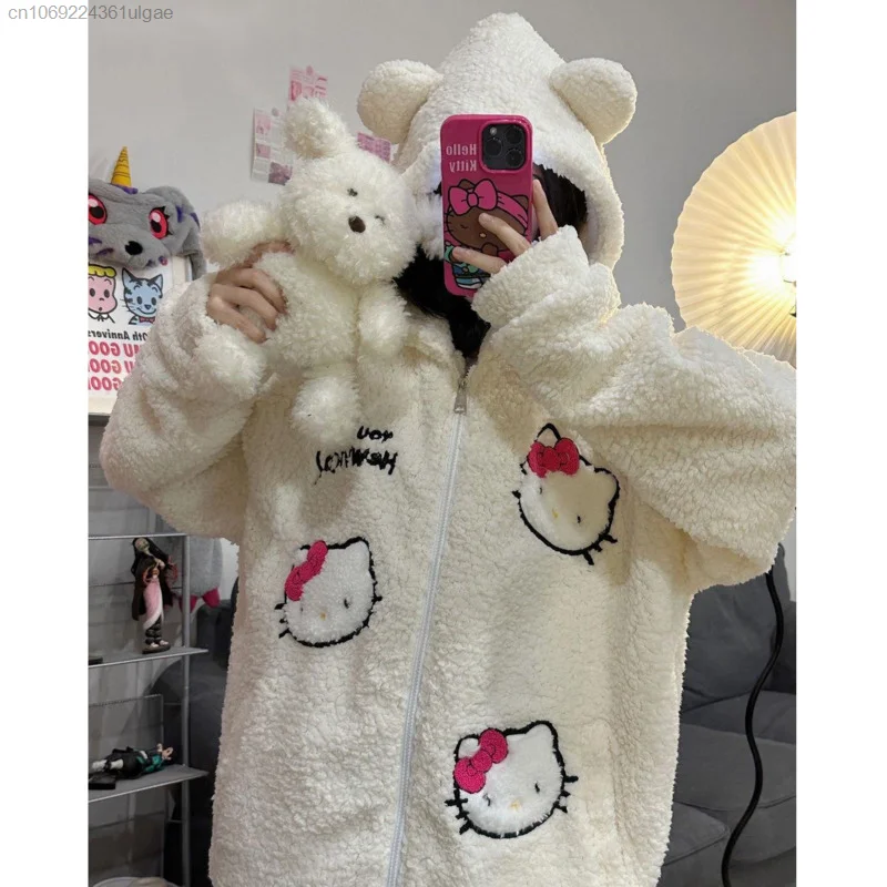 Sanrio Hello Kitty New Fashion Hoodies Cartoon Cute Plush Autumn Jacket Women Loose Zipper Cardigan Shirts Y2k Top Coat Kawaii