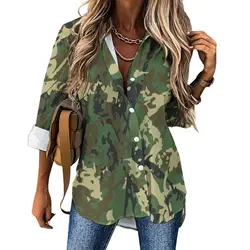 Cool Military Camo Casual Blouse Camouflage Pattern Kawaii Graphic Blouses Woman Long Sleeve Classic Shirt Summer Oversized Tops