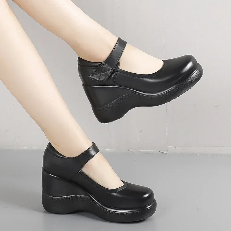 8.5cm Small Size 32-43 Fashion Shallow Platform Wedges Shoes Women Mary Janes 2024 Fall High Heels Pumps for Office Mode Mom