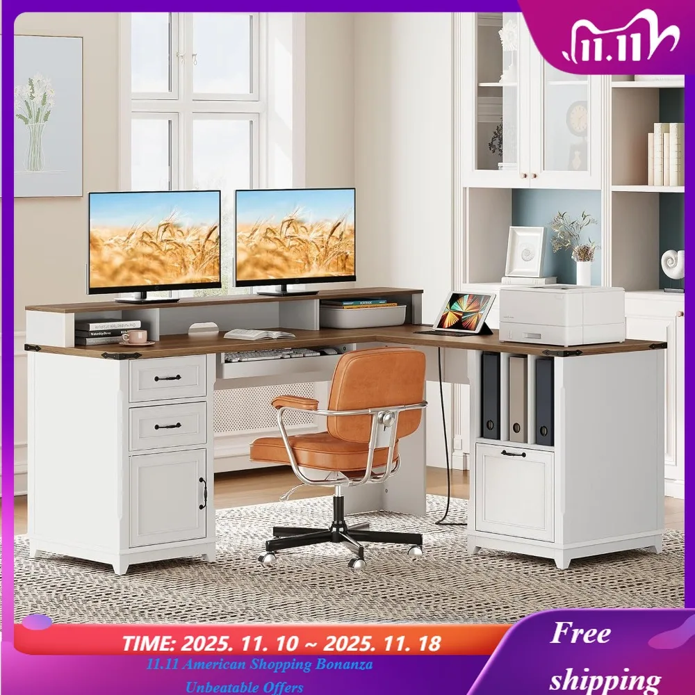 مكتب تنفيذي على شكل حرف L مقاس 69 بوصة مع درج، مكتب منزلي مع محطة شحن، مكتب كمبيوتر زاوية مع حامل شاشة، #1