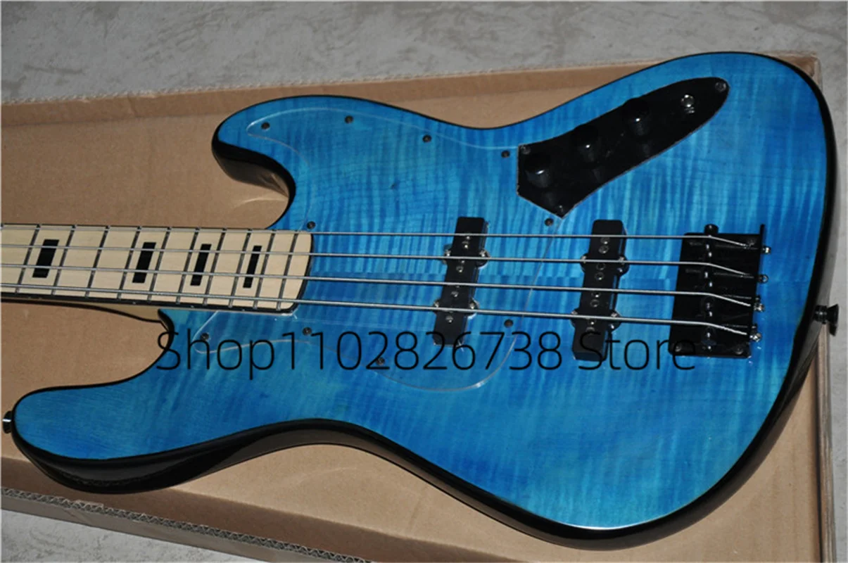 Blue 4 Strings Electric Bass Guitar Flamed Maple Top Acrylic Guard Maple Fingerboard Basswood Body Factory Custom