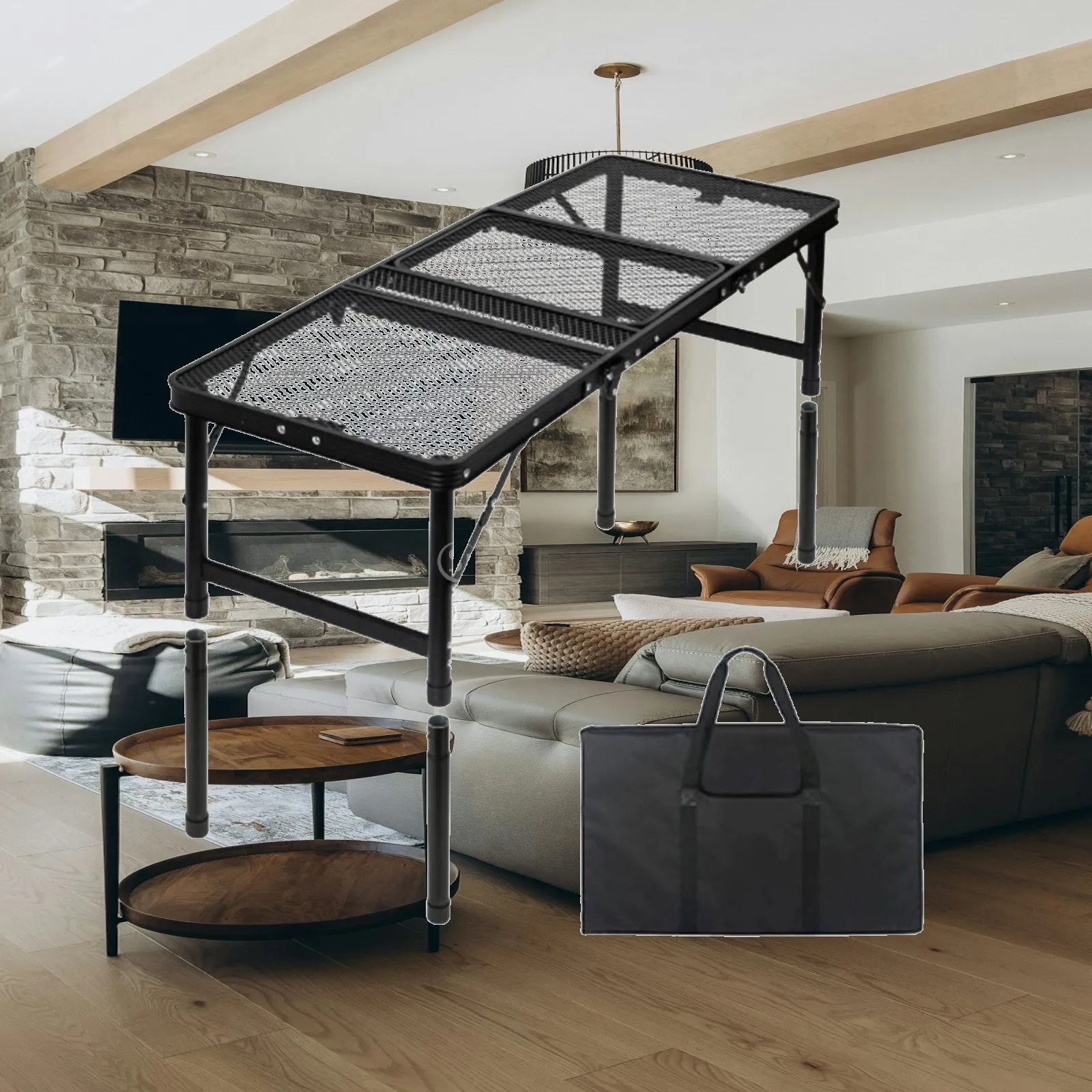 Folding Grill Table with Mesh Desktop Metal Iron Mesh Height Adjustable Folding Picnic Table for Barbecue Garden RV Patio Hiking