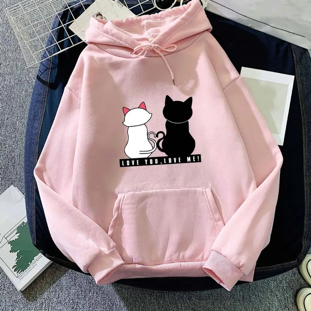 Cozy Women Hoodie Warm Cozy Cartoon Cat Print Hoodie for Couples Plush Pullover with Drawstring Elastic Cuffs Patch Pockets