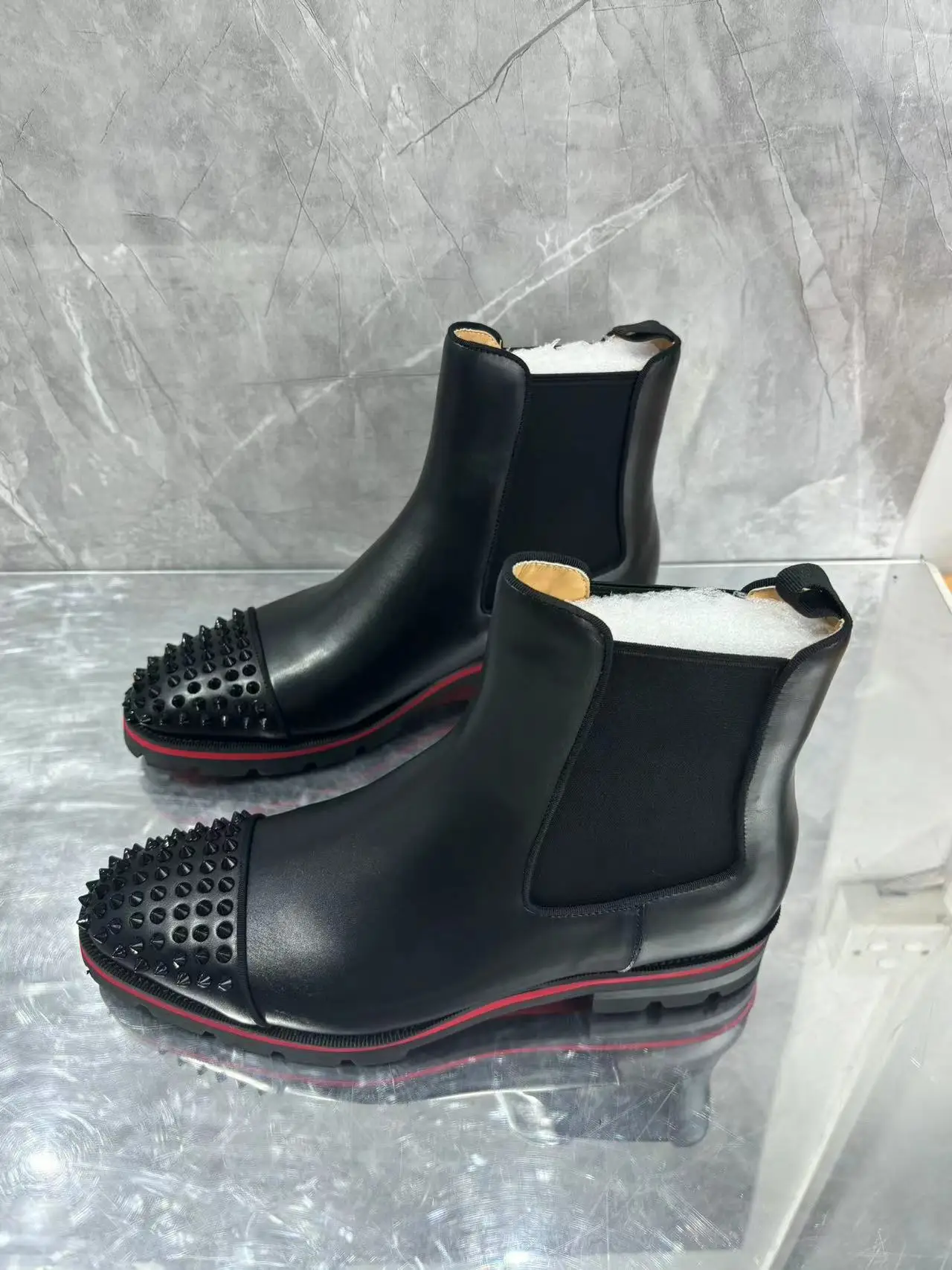 Newest Studded Man Ankle Boots High Top Shoes Leather Spliced Knit Elastic Round Toe Male Slip On High Top Black Boots