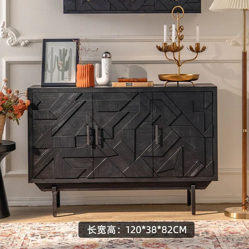Wabi-sabi wind mueble lateral de comedor de madera maciza, zapatero de vestíbulo de entrada B & B, armario de almacenamiento para sala de estar, lado retro negro