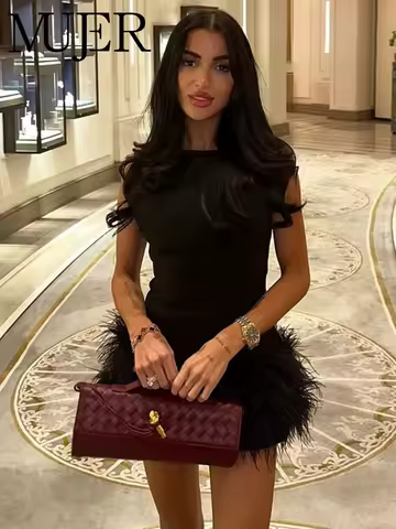 MUJER Black Feather Short Dresses for Women off Shoulder Corset Dress Women Fashion Sleeveless Dress Woman Evening Women Dresses