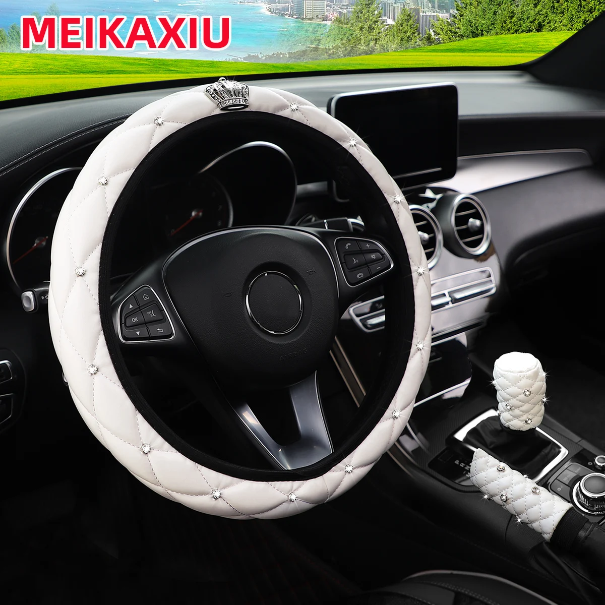 

Набор автомобильных аксессуаров из 3 предметов из мягкой кожи с короной и бриллиантами — чехол для переключения передач рулевого колеса и ручного тормоза без внутреннего кольца