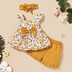 3PCS Toddler Baby Girl Clothing Set Floral Sling Top with Bow+ Shorts+Headband Sweet Lovely Fashion Suit for Kids Girl 1-5 Years