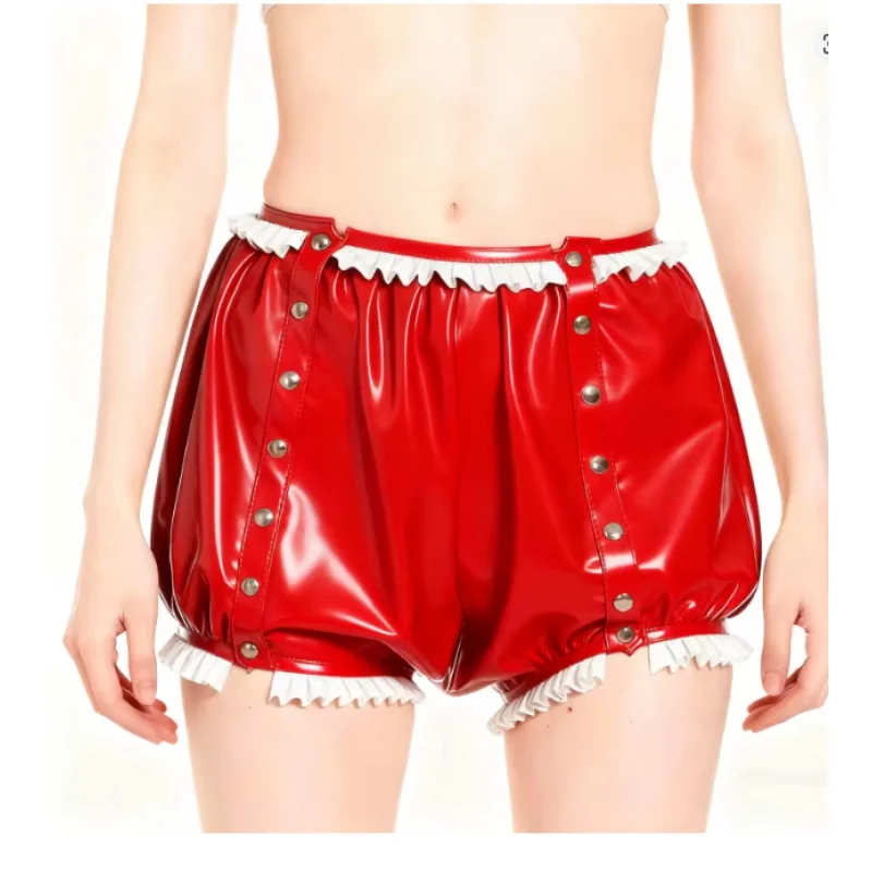 Image of Rote Latex-Shorts mit Schnallen, Maskerade-Kostüm, Kostümparty, Cosplay, Damen