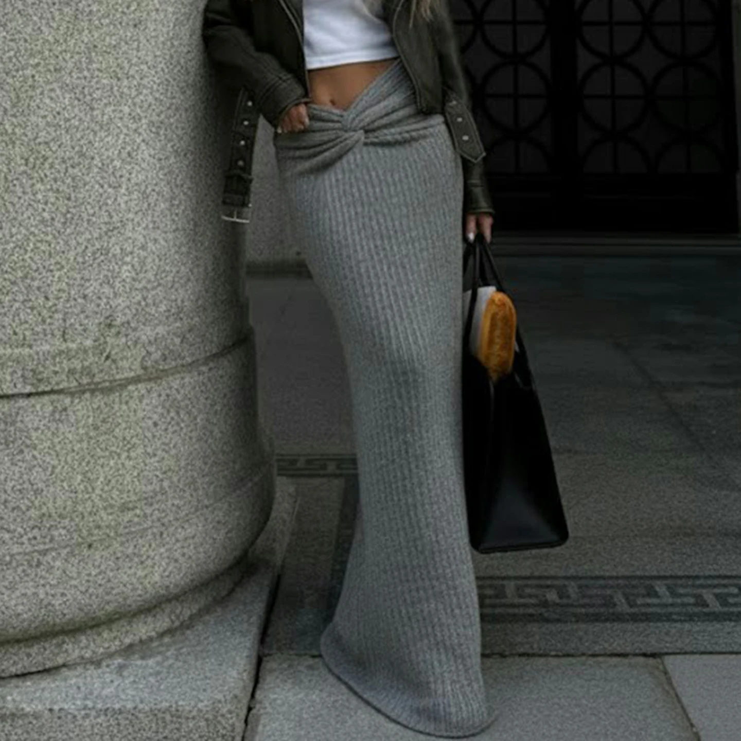 

Elegant Fashion Solid Bow Knitted Skirts Basic Solid Low-Waisted Bodycon Maxi Dresses For Women 2025 Autumn Winter Streetwear