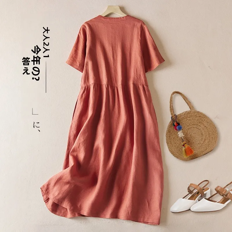 Zomer Woon-werk Losse Casual Japanse Sle Pure Kleur Lin ort Sve Dames Dr A-lijn Midi Rok Faionable Katoen Linnen