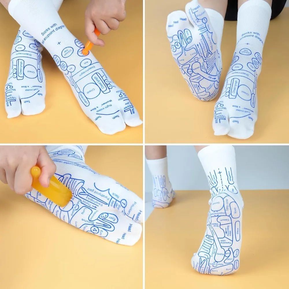 2쌍 반사요법 양말 세트 도구 지압 침술 트리거 포인트 발 통증 완화 요법 지압 마사지 발 관리 도구