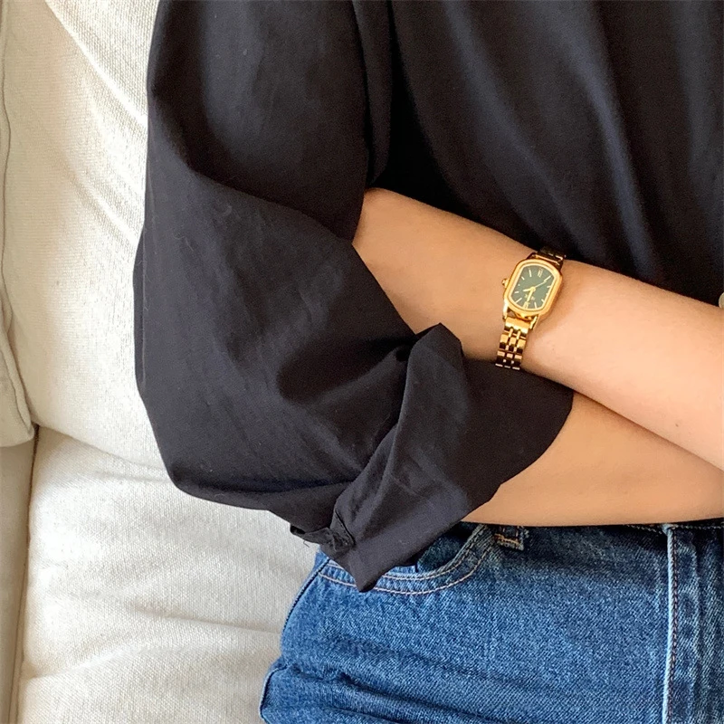 Vintage Gold Green Women Watch Elegant Stainless Steel Hand Clock Female Waterproof Rectangle Quartz Wristwatch Ladies Gift