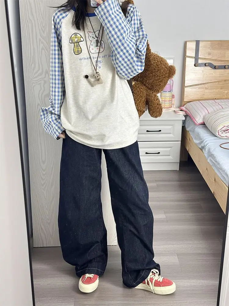

Onalippa 2025 Japanese Cute Patchwork Embroidered Checkered Long Sleeve T-shirt Spring Autumn New Loose College Style Casual Top