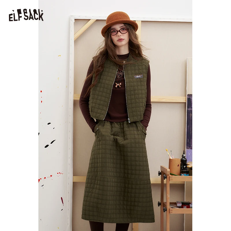ELFSACK Women's Casual Quilted Vest Skirt Set with Logo Embroidery, Loose Fit 2 Piece Outfit, Chic Aesthetic Midi Skirt Set for