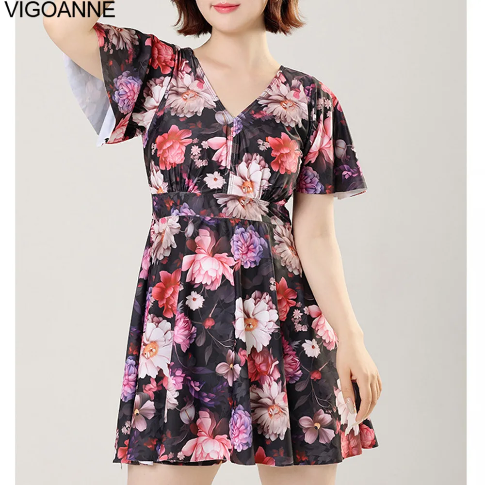 

VigoAnne Print Plus Size Dress Swimwear Women 2024 Short Sleeve One Piece Swimsuit Lady Korean Monokini Beach Big Bathing Suit