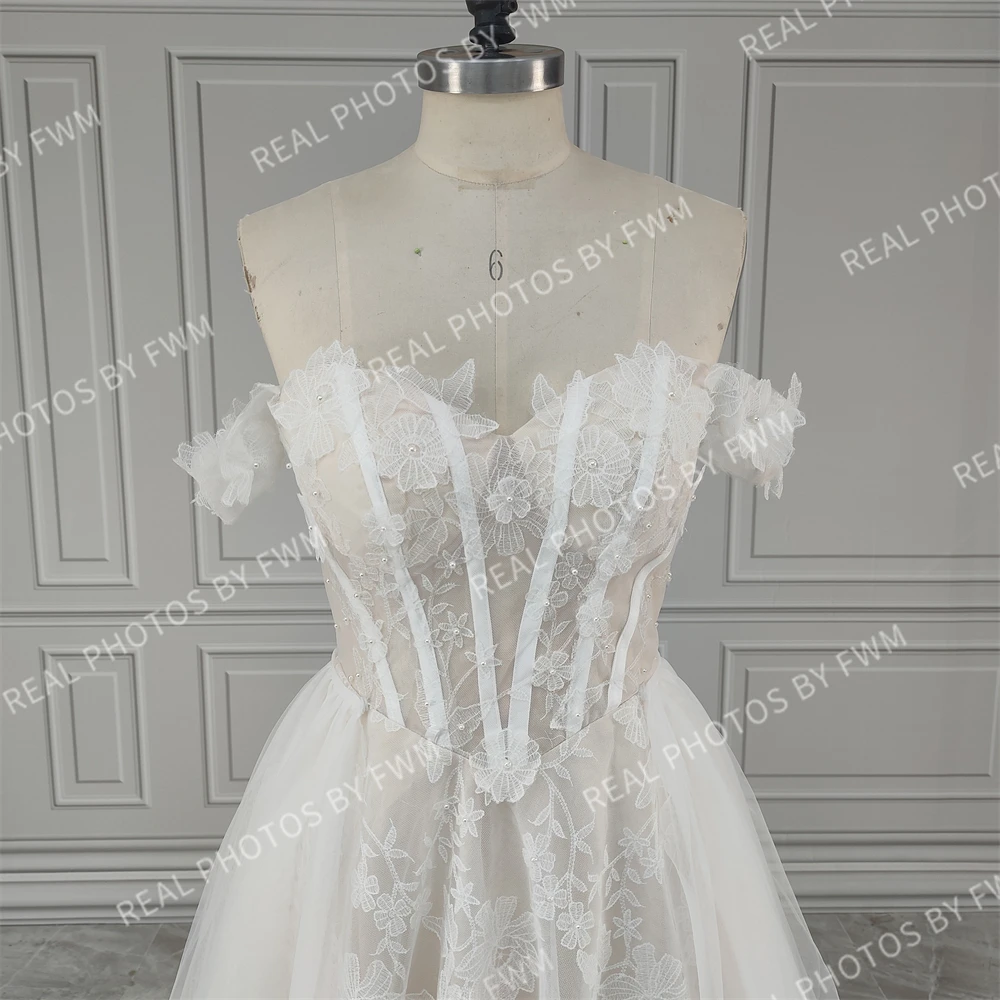 2285 #   Personalizado fora do ombro a linha 3d flores vestido de casamento de renda com apliques de lantejoulas vestido de noiva para mulher feito sob encomenda