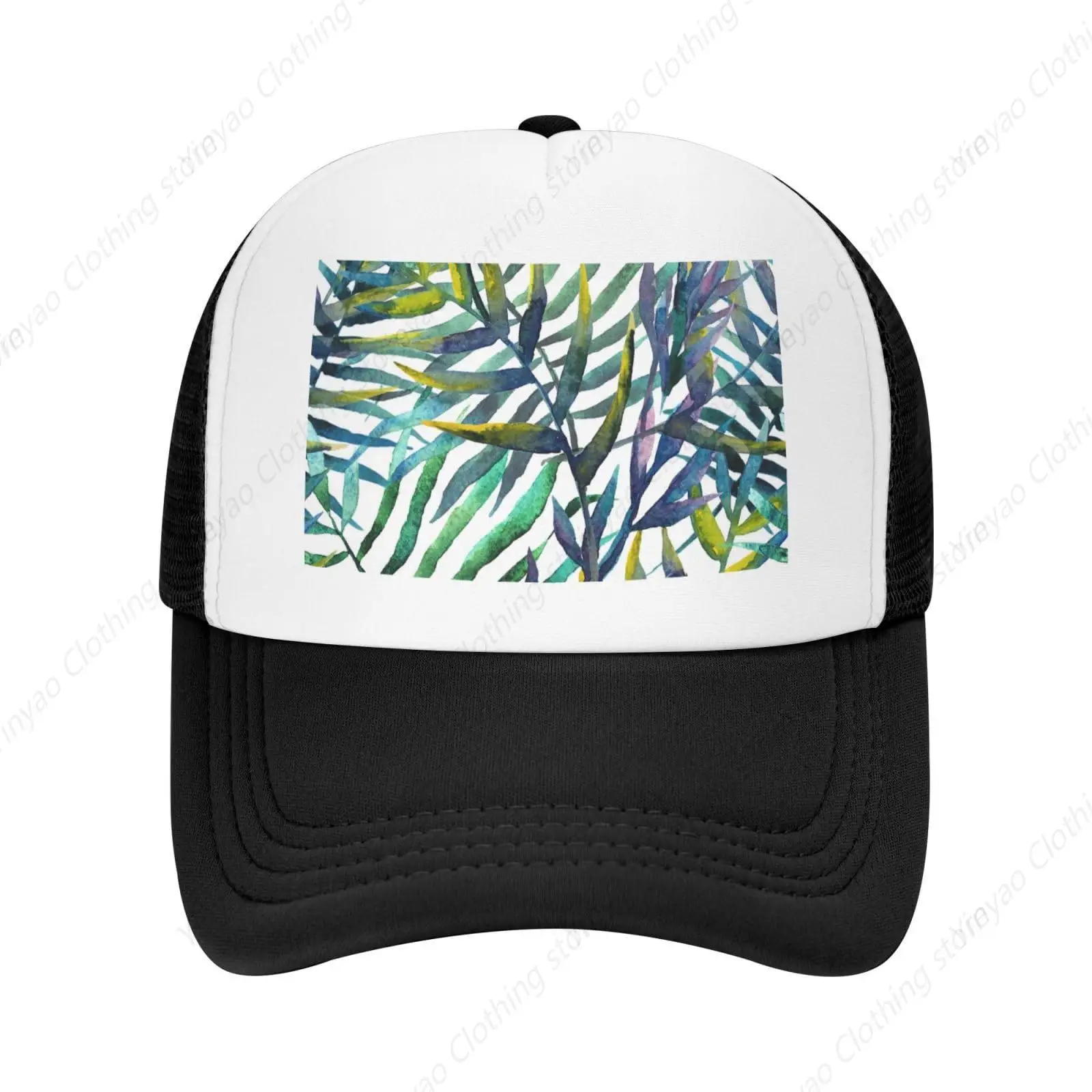 Island Vegetation Colored Palm Leaf Print Black Mesh Breathable Baseball Cap Sun Hat For Men And Women Outdoor Sports Truck Cap