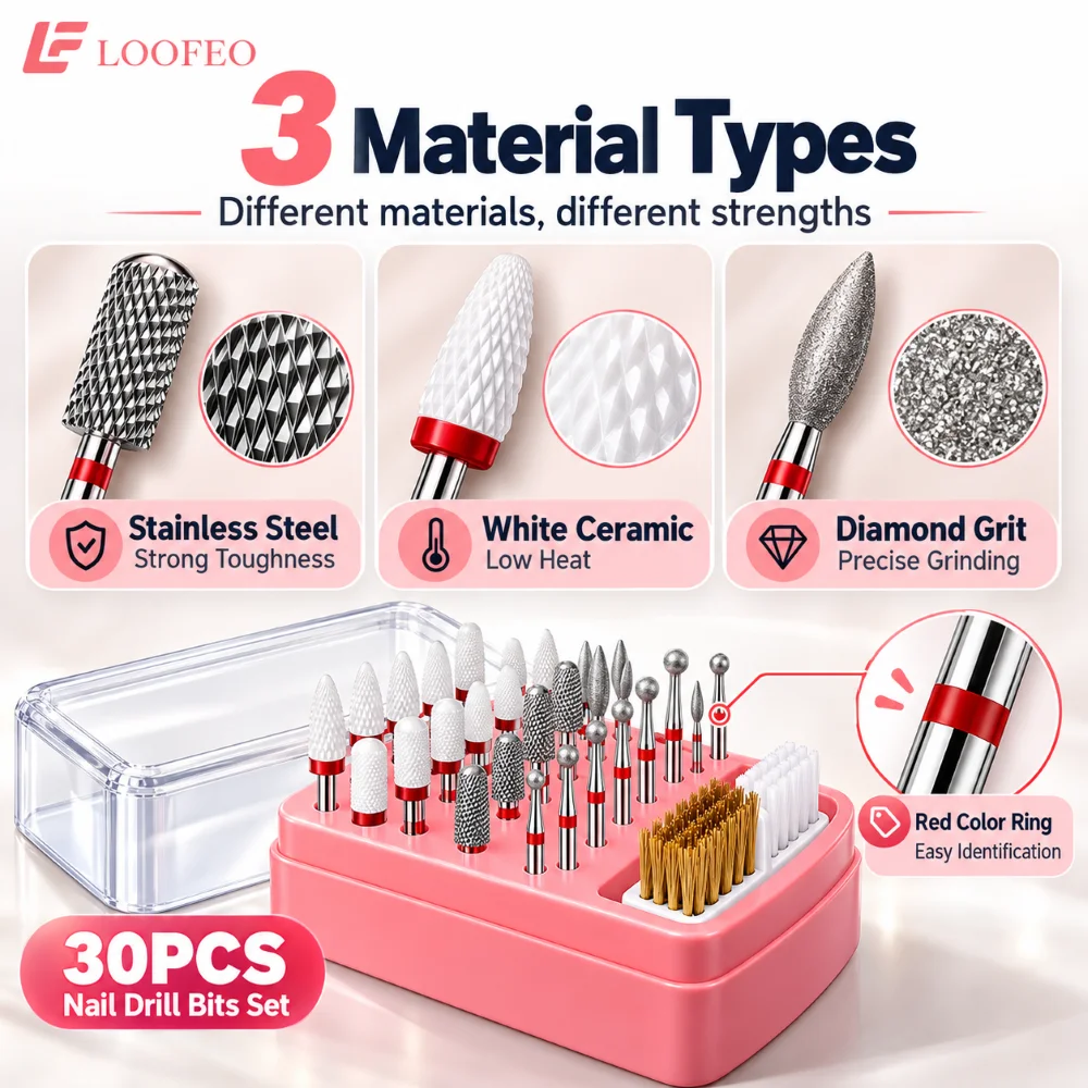 30 Pcs Electric Manicure Tool Kit 2.35 mm Shank White Ceramic Diamond Stainless Steel Bits For Acrylic Gel Removal Cuticle Care