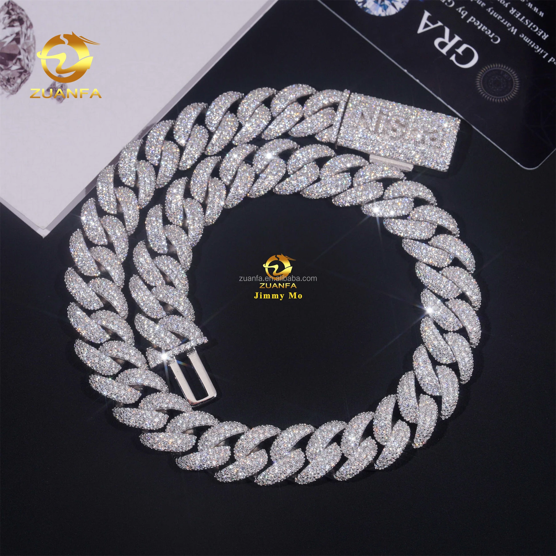 Name Custom Lock 15mm Prong Setting GRA 925 Silver Rhodium Plated Iced Out Hip Hop Moissanite Diamond Miami Cuban Link Chain.