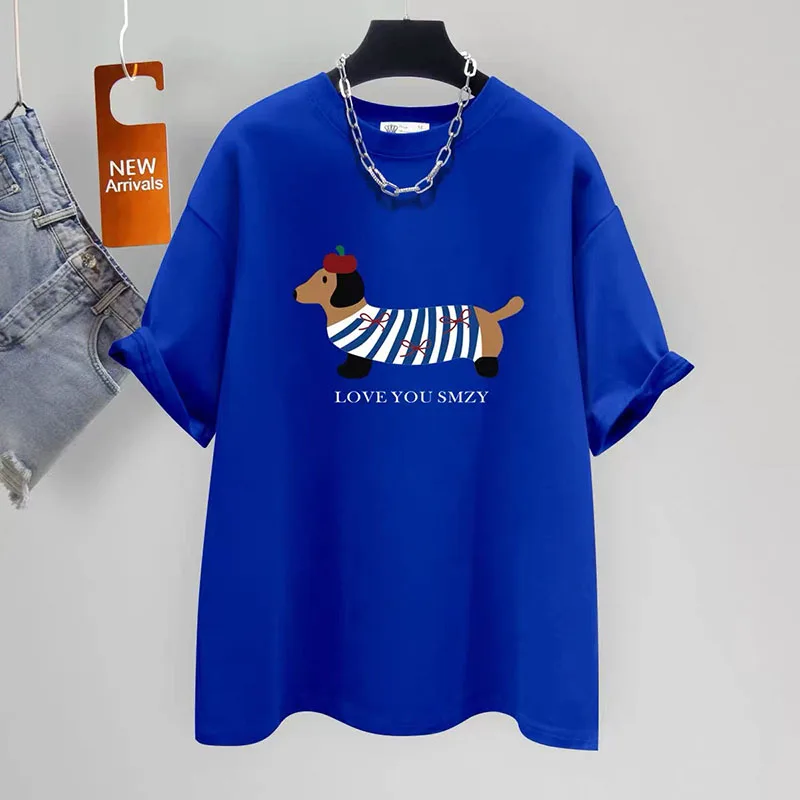 Women\'s Clothing Fashion Puppy Print Cotton T-shirt Summer Elegant Chic Basic Short Sleeve Top Tee Office Lady Loose Pullovers