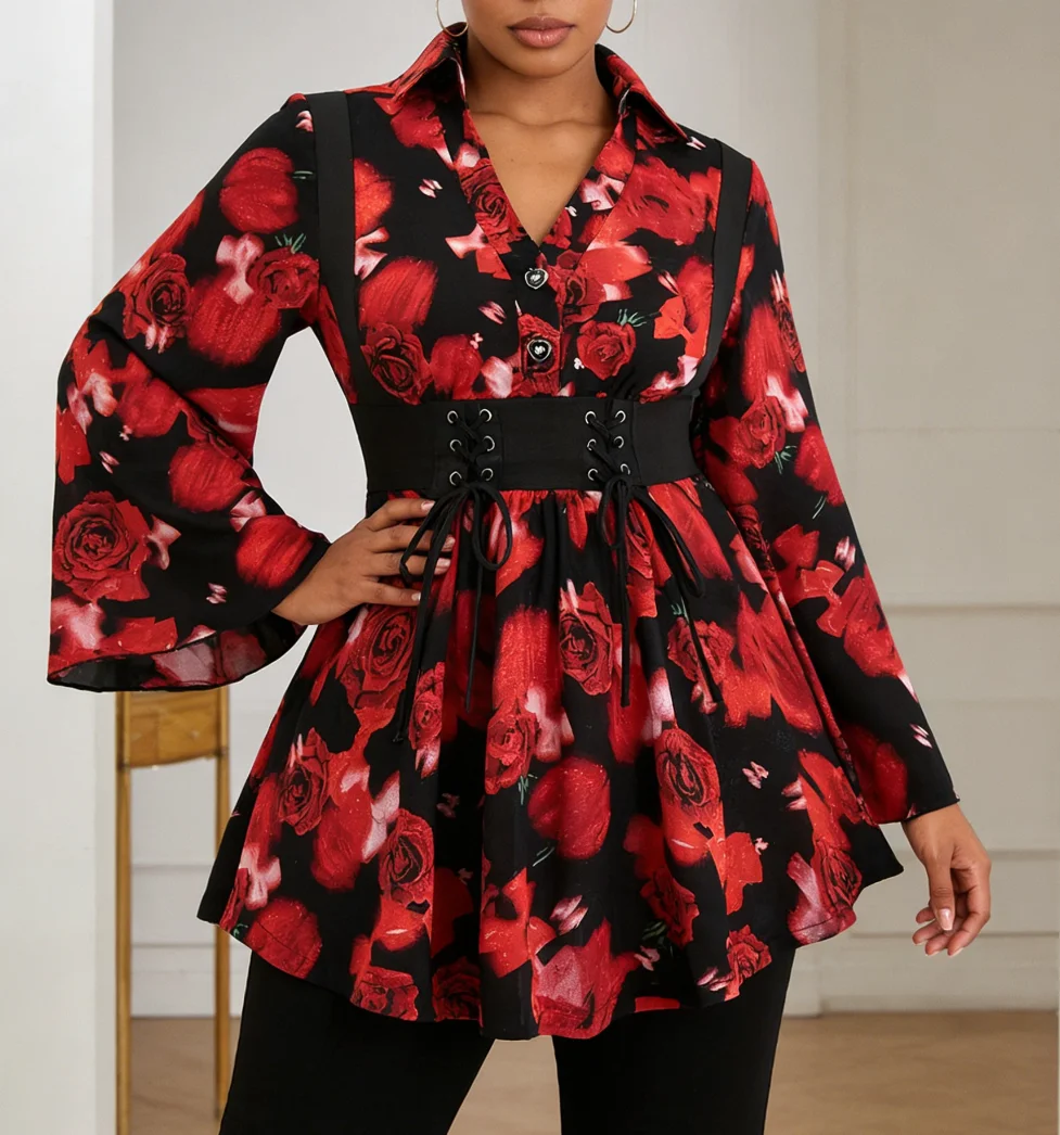 

Gothic Red Rose Print Slimming Top Cinched-Waist Shirt Retro Flared Sleeve Tie Waist Seal Fashionable Gothic Style