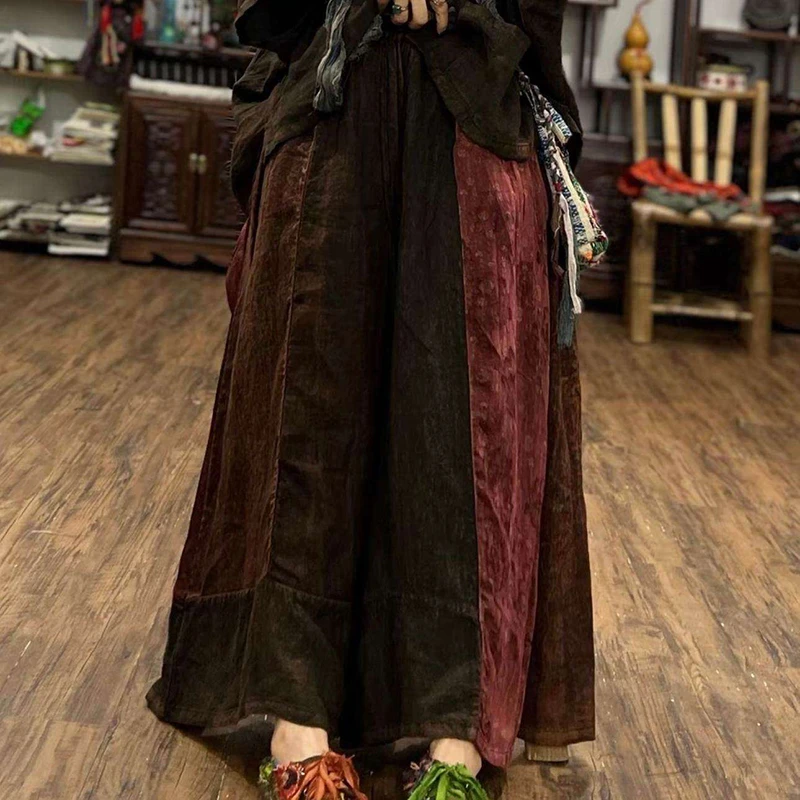 

2026 New Arrival Spring/autumn Women Cotton Linen Patchwork Ankle-length Pants Casual Loose Elastic Waist Wide Leg Pants Y239