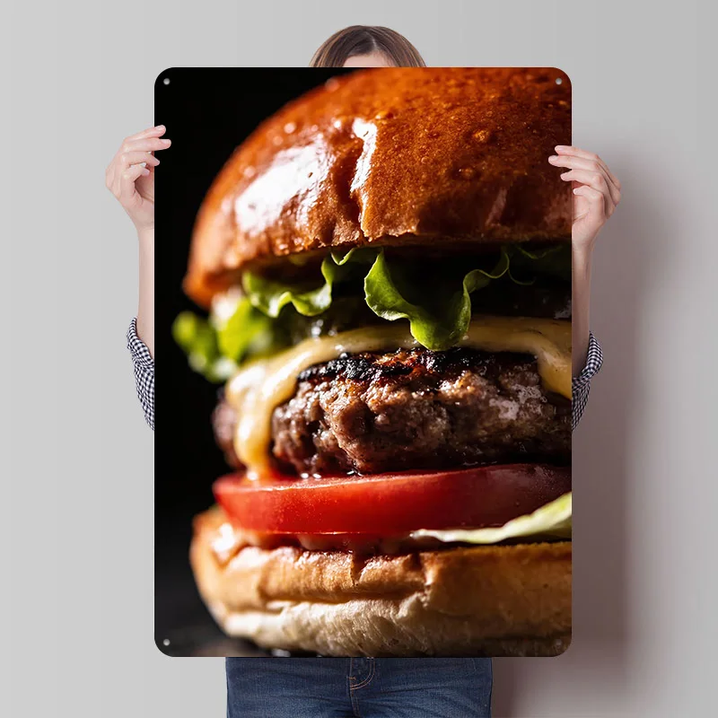 Delicious Burger Close-Up Printing Poster Customized Retro Wall Art Vintage Metal Signs for Room Decoration Bedroom Custom Plate