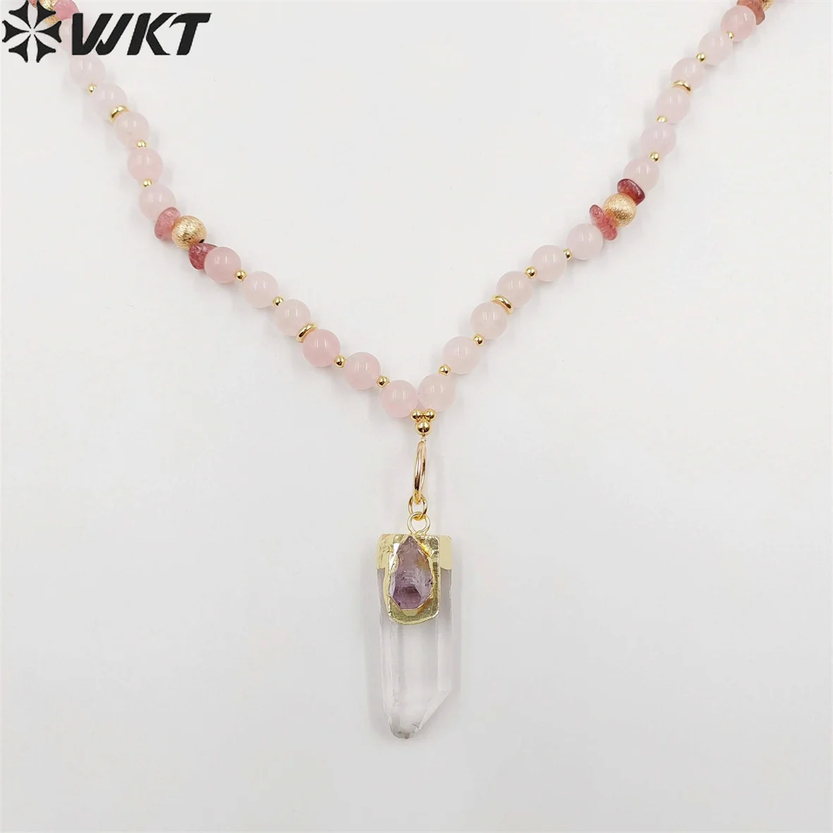 WT-N1411 WKT 2023 Exquisite rose quartz&crystal quartz necklace pendant women jewelry new sale 30inch gemstone pendant girl